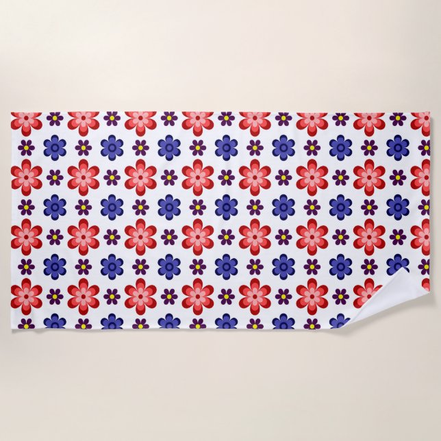 Toalha De Praia Boho Blue Purple Red Flowers Beach Towel (Frente)