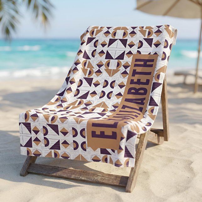 Toalha De Praia Boho de Meados do Século Roxo e Mostarda Chic Nome (Criador carregado)