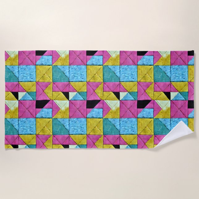 Toalha De Praia Boho Faux Patchwork Quilt Pink Yellow Blue (Frente)