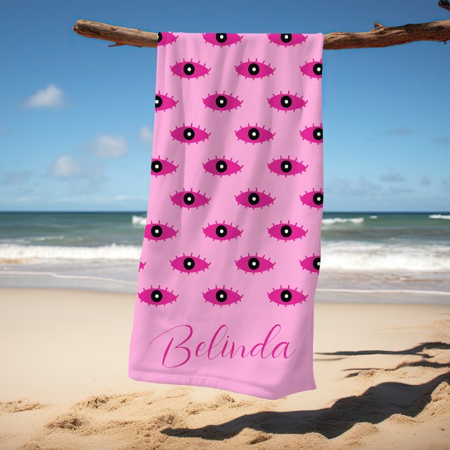 Toalha De Praia BOHO Mau Eyes Nome Manuscrito Rosa (Criador carregado)