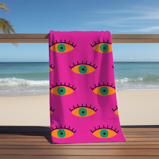 Toalha De Praia BOHO Mau Olho Padrão Funky Fuchsia Divertido (Criador carregado)