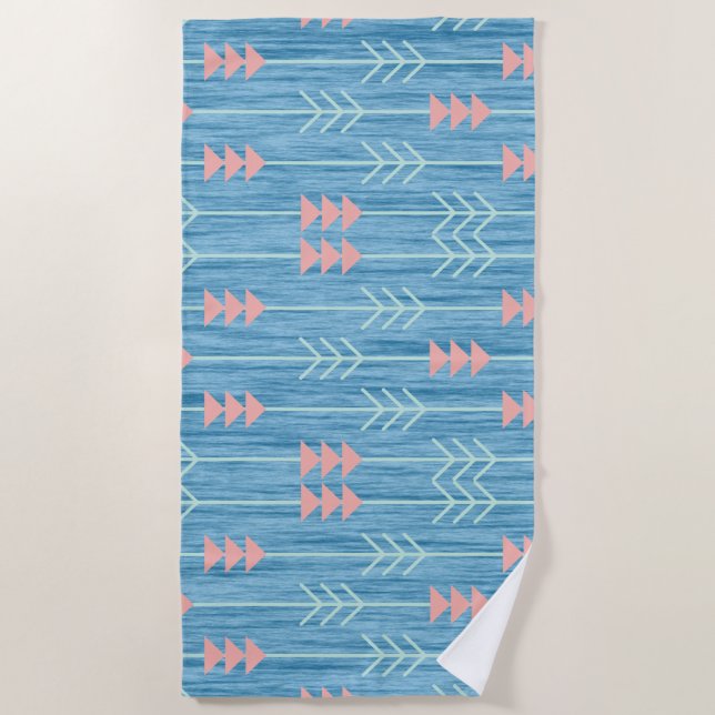 Toalha De Praia Boho Rosa Branco Seta Azul Fundo (Frente)