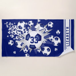 Toalha De Praia bola de futebol azul explodiu seu nome jersey numb
