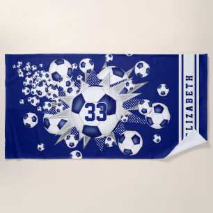 Toalha De Praia bola de futebol azul explodiu seu nome jersey numb