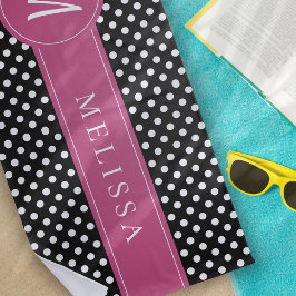 Toalha De Praia Bolinhas de Monograma Branco Cor-de-Rosa Preta