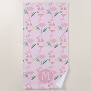 Toalha De Praia Bonita Girly Flamingo e Bikini Monograma Rosa