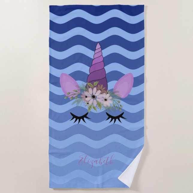 Toalha De Praia Bonita Girly Unicorn, Marinho Blue Ombre Waves (Frente)