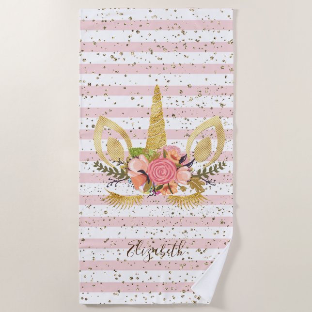 Toalha De Praia Bonita Girly Unicorn, Striped - Personalizada (Frente)
