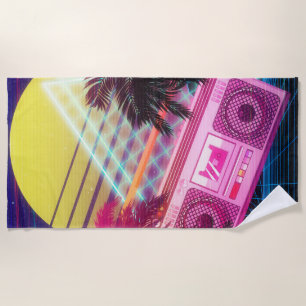 Toalha De Praia Boombox cor-de-rosa Funky dos anos 80 com palmeira
