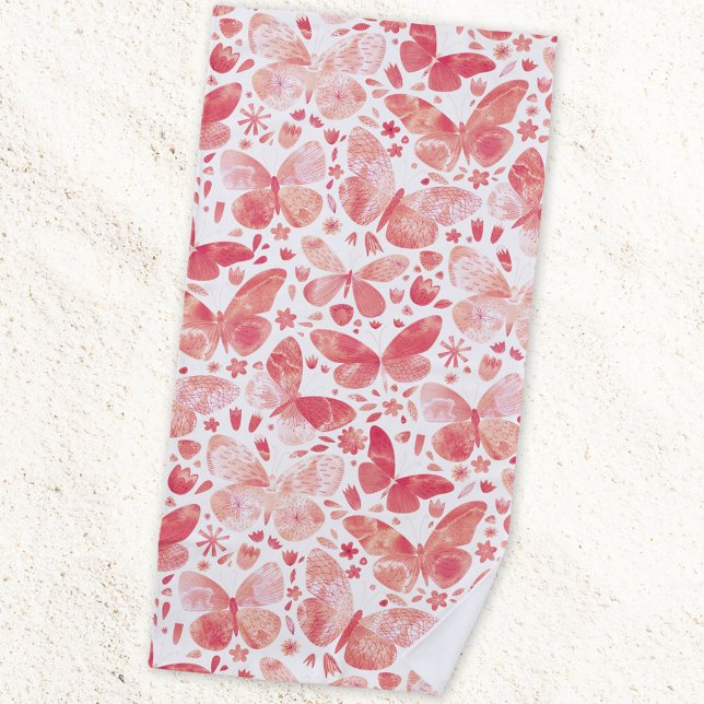 Toalha De Praia Borboleta Aquarela Rosa (Coral blush pink watercolor butterfly pattern art beach towel)