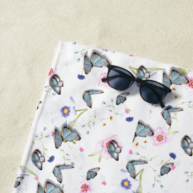 Toalha De Praia Borboleta azul-rosa púrpura Padrão de Verão (In Situ)