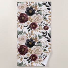 Toalha De Praia Bordô Creme Floral Preto