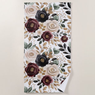 Toalha De Praia Bordô Creme Floral Preto
