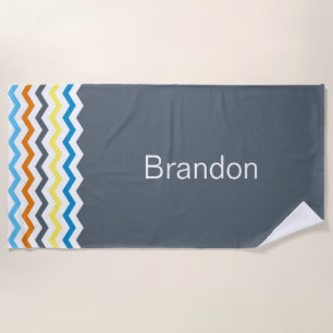 Toalha De Praia Boys Chevron Cinza Azul Padrão Laranja Personaliz