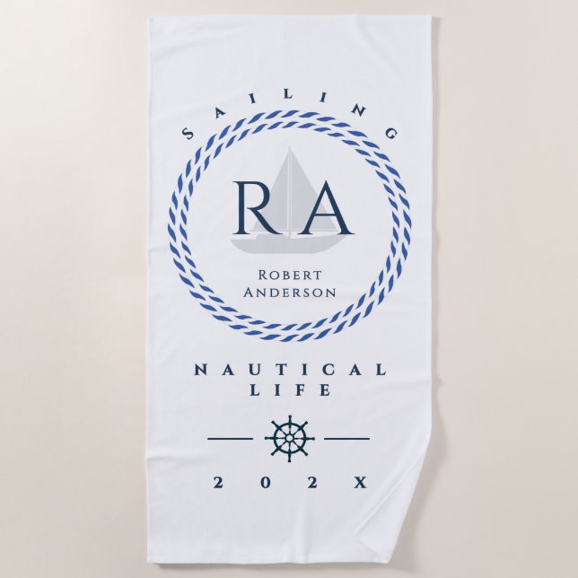 Toalha De Praia Branco Monograma de Corda Náutica (Frente)
