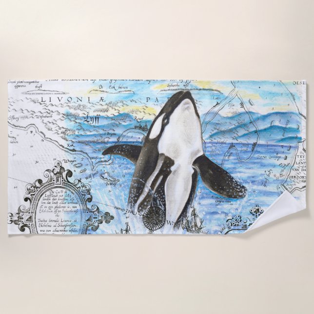 Toalha De Praia Breating Orca Whale Map (Frente)