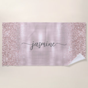 Toalha De Praia Brilho Glam Rosa Dourado Nome Monograma Feminino S