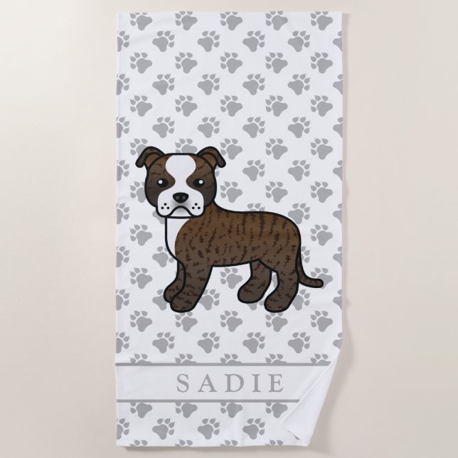 Toalha De Praia Brindle E Branco Staffie Cachorro De Desenho Anima (Frente)