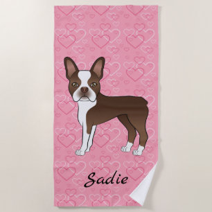 Toalha De Praia Brown Boston Terrier Dog Em Corações E Nome Rosa