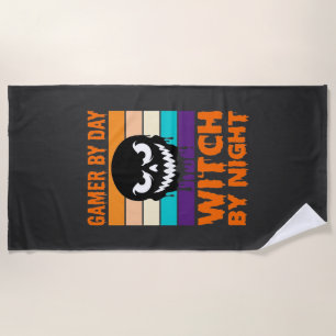 Toalha De Praia Bruxa Gamer Halloween Crânio Retro