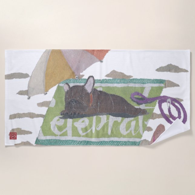 Toalha De Praia Buldogue francês rajado, Frenchie, moderno (Frente)