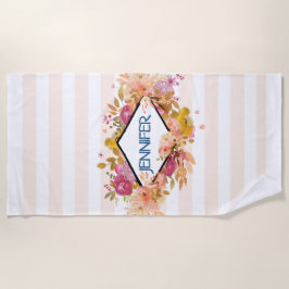 Toalha De Praia Buquê Floral Cor-de-Laranja e Rosa com Quadro Diam