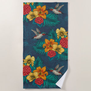 Toalha De Praia Buquês tropicais e beija-flores