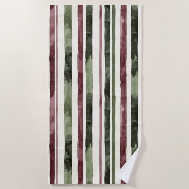 Toalha De Praia Burgundy Red Green Cream Stripes   (Frente)