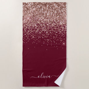 Toalha De Praia Burgundy Rosa Dourado Blush Pink Glitter Monograma