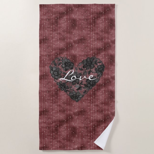 Toalha De Praia Burgundy Stripes Black Faux Lace Floral Heart  (Frente)