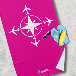 Toalha De Praia Bússola Moderna Simples e Avião, Personalização de