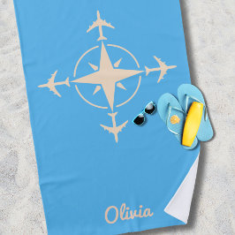 Toalha De Praia Bússola Moderna Simples e Viagem Aérea Personaliza