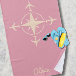 Toalha De Praia Bússola Moderna Simples e Viagem Aérea Personaliza