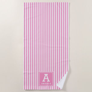 Toalha De Praia Cabana Cor-de-Rosa-Rosa Chic Stripes Monograma Ini