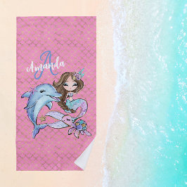 Toalha De Praia Cabelo castanho escuro Sereia Nome Personalizado R