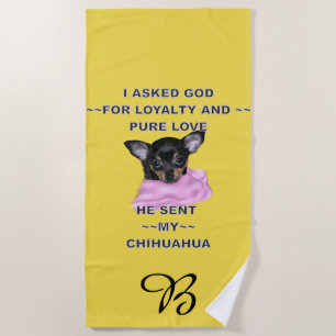 Toalha De Praia Cachorro Monogramado Preto e Castanho Chihuahua