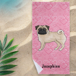 Toalha De Praia Cachorro Pug Fawn Cute Mops E Corações Rosa Com No
