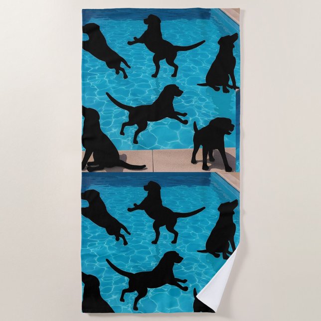 Toalha De Praia Cães nadando  (Silhouetted dogs playfully leaping and splashing in a bright blue swimming pool.)