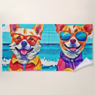 Toalha De Praia Cães Sunny Beach: Pintura Colorida