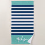 Toalha De Praia Caligrafia com Marinho de Strike Náutica de Pré-Di<br><div class="desc">Preppy NMaritime Stripe Marinho Turquoise Calliografia Beach Towel apresenta marinho chic e pré-ppy e listras brancas com sotaque de turquesa colorido e seu nome na caligrafia de tendências.</div>