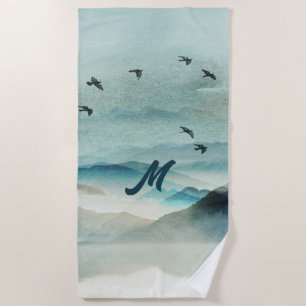 Toalha De Praia Calm Monogramed Nature Aquarela Cena de Montanha
