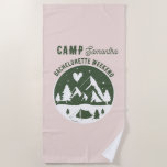 Toalha De Praia Camp Bachelorette Party Camping Bach Weekend Pink<br><div class="desc">A cute hand drawn design featuring bachelorette camping theme illustrations. This green and pink camp bach weekend design is ideal for glamping camping bachelorette weekends,  camping girls bachelorette parties in mountain or lake destinations.</div>