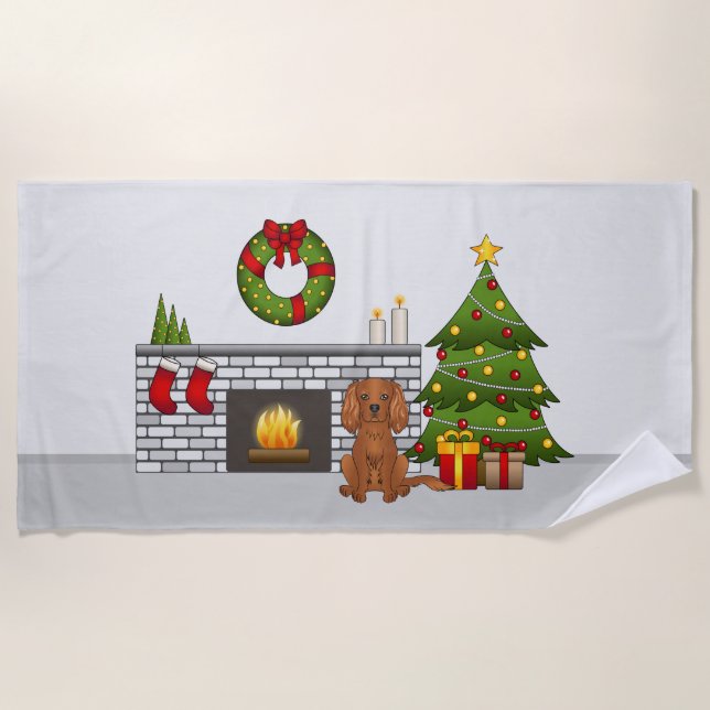 Toalha De Praia Cão Cavalier Ruby em uma Sala de Natal Festiva (Frente)
