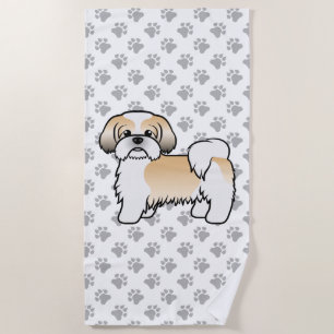 Toalha De Praia Cão de Cartoon Dourado e branco Shih Tzu Cute