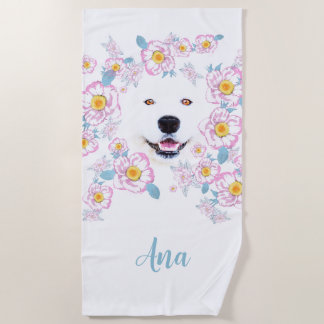Toalha De Praia Cão Samoyed e flores cor-de-rosa, nome personaliza