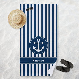 Toalha De Praia Capitão Cordame Âncora Naval Listras Azuis
