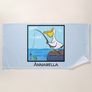Toalha De Praia Cartoon pelicano de pesca engraçado