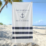 Toalha De Praia Casa de Praia da Família de Âncoras Náuticas<br><div class="desc">A toalha de praia náutica apresenta uma âncora de barco de estilo costeiro e uma design de listras. Personalize o texto personalizado com um sobrenome familiar e uma casa de praia (ou outro título) com o ano estabelecido e o local. Sistema de cor azul-marinho e sal marinho.</div>