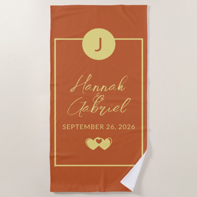 Toalha De Praia Casal Monograma Terracotta Dourado (Frente)