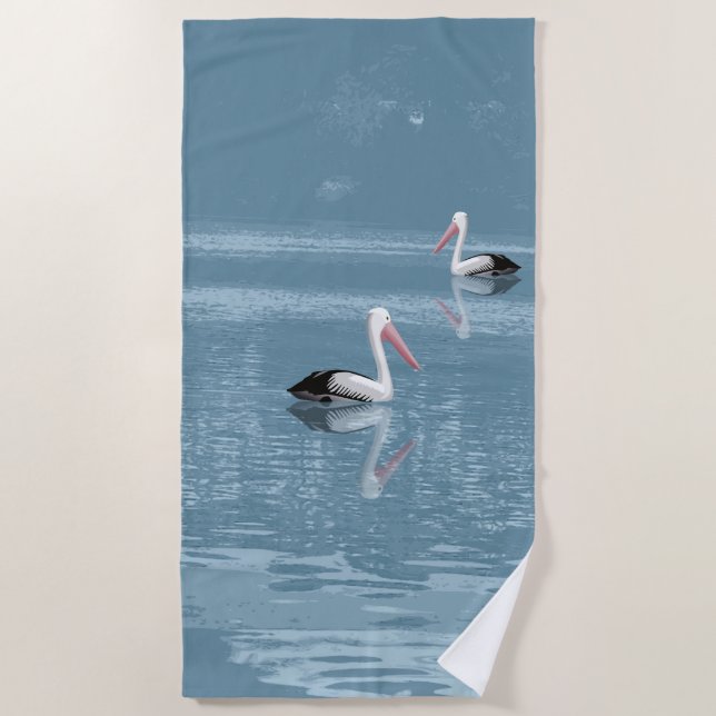 Toalha De Praia Casal pelicano remando em água azul calma (Frente)